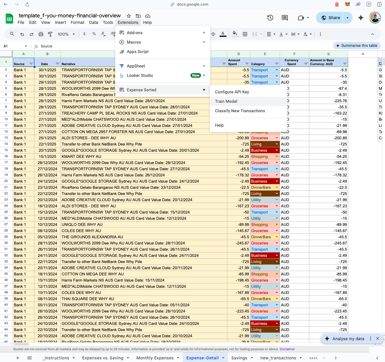 Training the expense categorization model