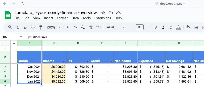 Copy over a new row in the Monthly Expense tab and fill in the new month.