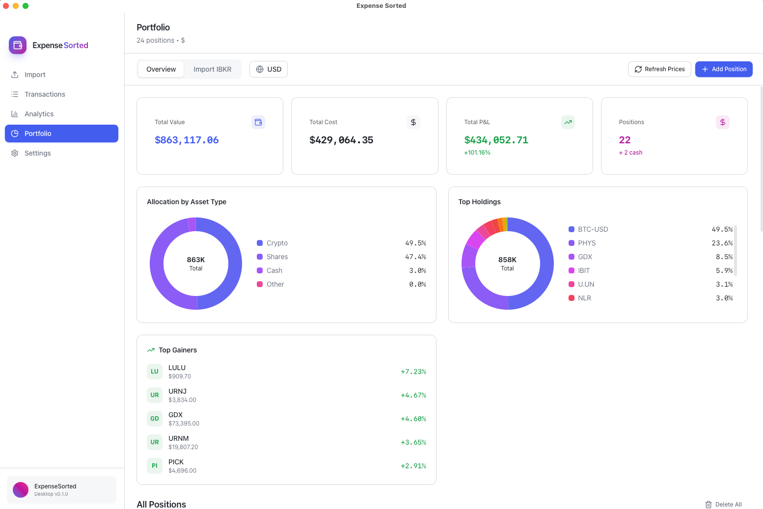 Expense Sorted Mac App - Portfolio Dashboard